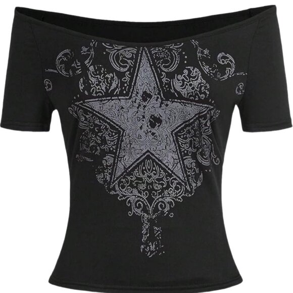 ROMWE Tops - ROMWE Black Off Shoulder Star Print Top Size XL | Y2K Grunge Graphic Tee
